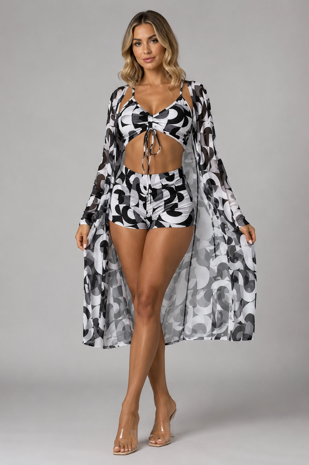 Damen-Badeanzug mit figurbetonter Passform | 3-teiliges Set im Boho-Stil mit gerafftem Oberteil