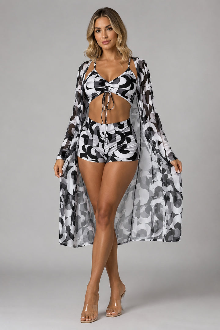 Damen-Badeanzug mit figurbetonter Passform | 3-teiliges Set im Boho-Stil mit gerafftem Oberteil
