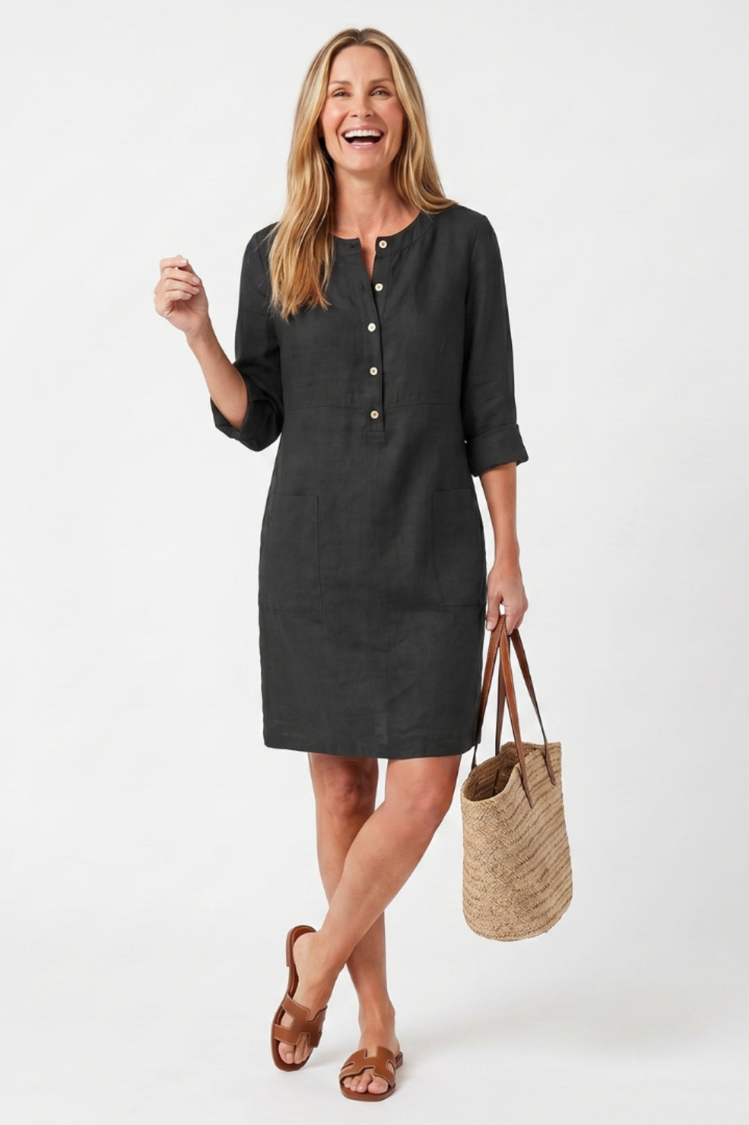 Midi-Kleid für Damen, gerader Schnitt | 3/4-Ärmel, Seitentaschen, Boho-Stil aus Leinen