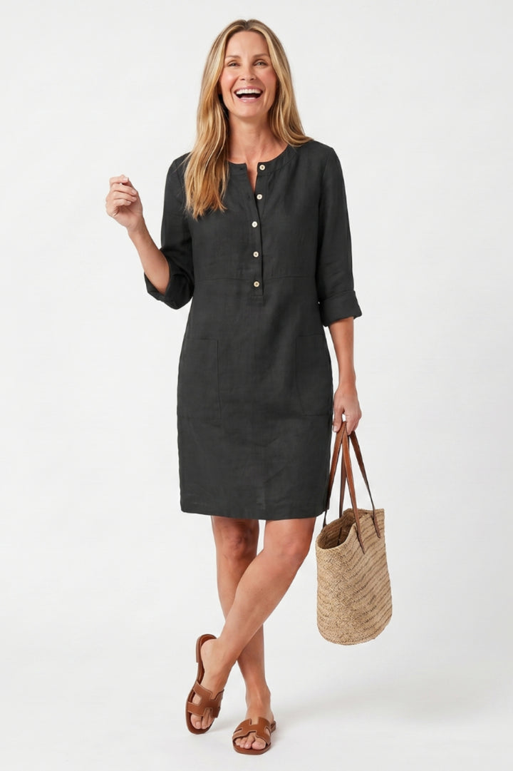 Midi-Kleid für Damen, gerader Schnitt | 3/4-Ärmel, Seitentaschen, Boho-Stil aus Leinen