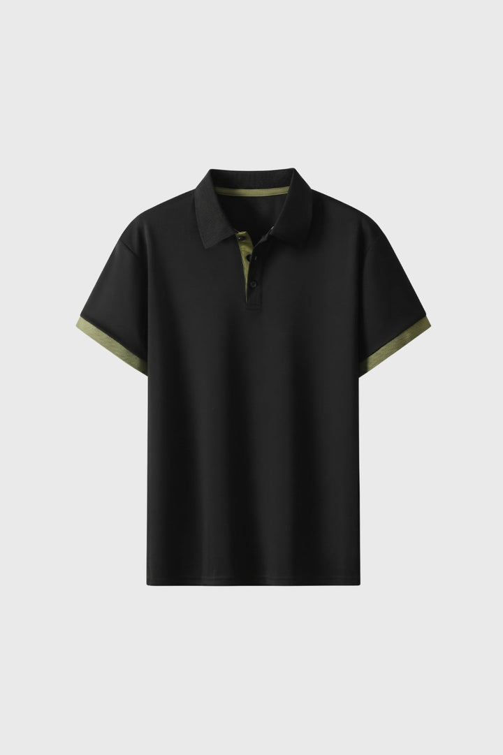 Herren-Polohemd | Reißverschluss &amp; Kontrastdetails | Schwarz-Khaki