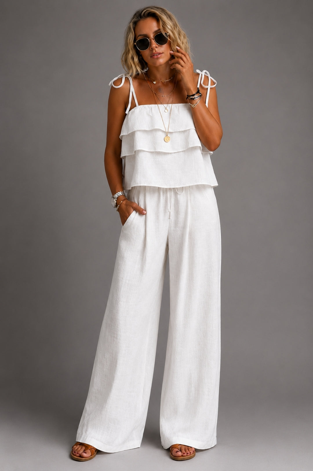 Leinen Set Damen Boho – Trägertop mit Rüschen &amp; weite Hose