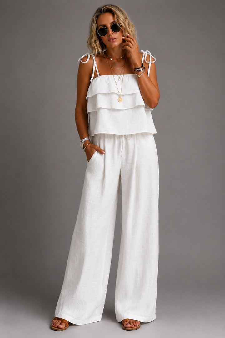 Leinen Set Damen Boho – Trägertop mit Rüschen &amp; weite Hose