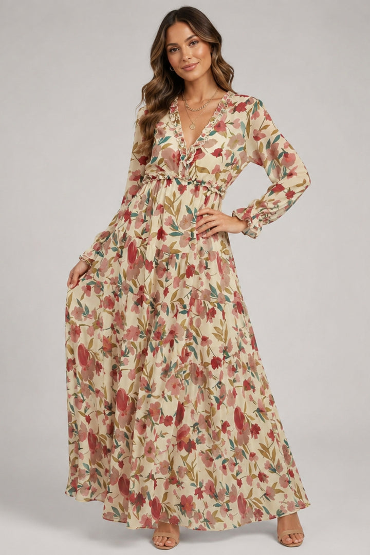 Fließendes Boho-Kleid für Damen | Langes Kleid mit Blumenmuster | V-Ausschnitt | Lange Ärmel | Hochzeitsgast