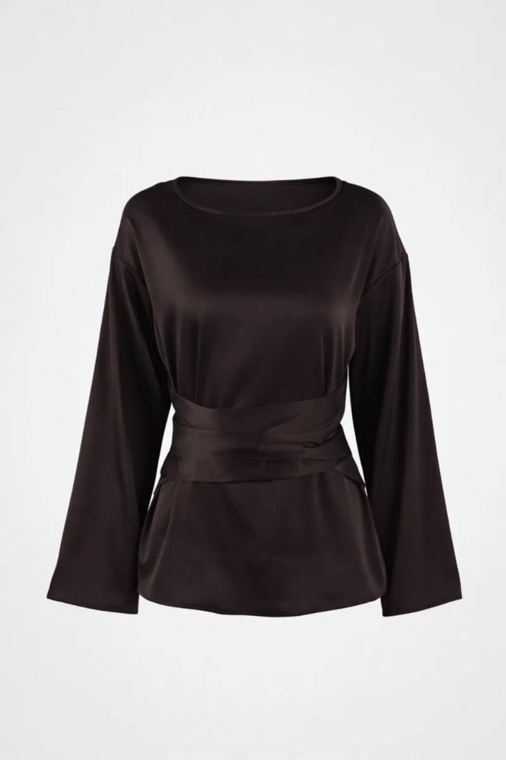 Damenbluse Schokoladenbraun | Figurbetonte Taille | Drapierter Look | Elegant