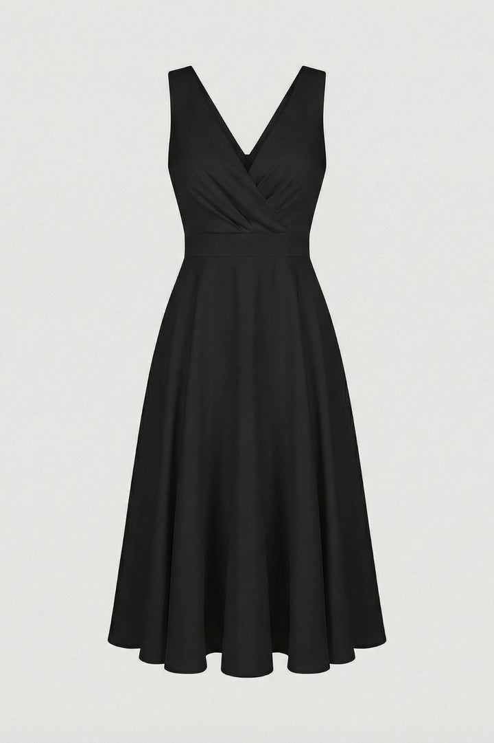 Elegantes, ausgestellt geschnittenes Damenkleid | Midi-Länge in Puderrosa mit gekreuztem V-Ausschnitt, hoher Taille und fließendem Rock
