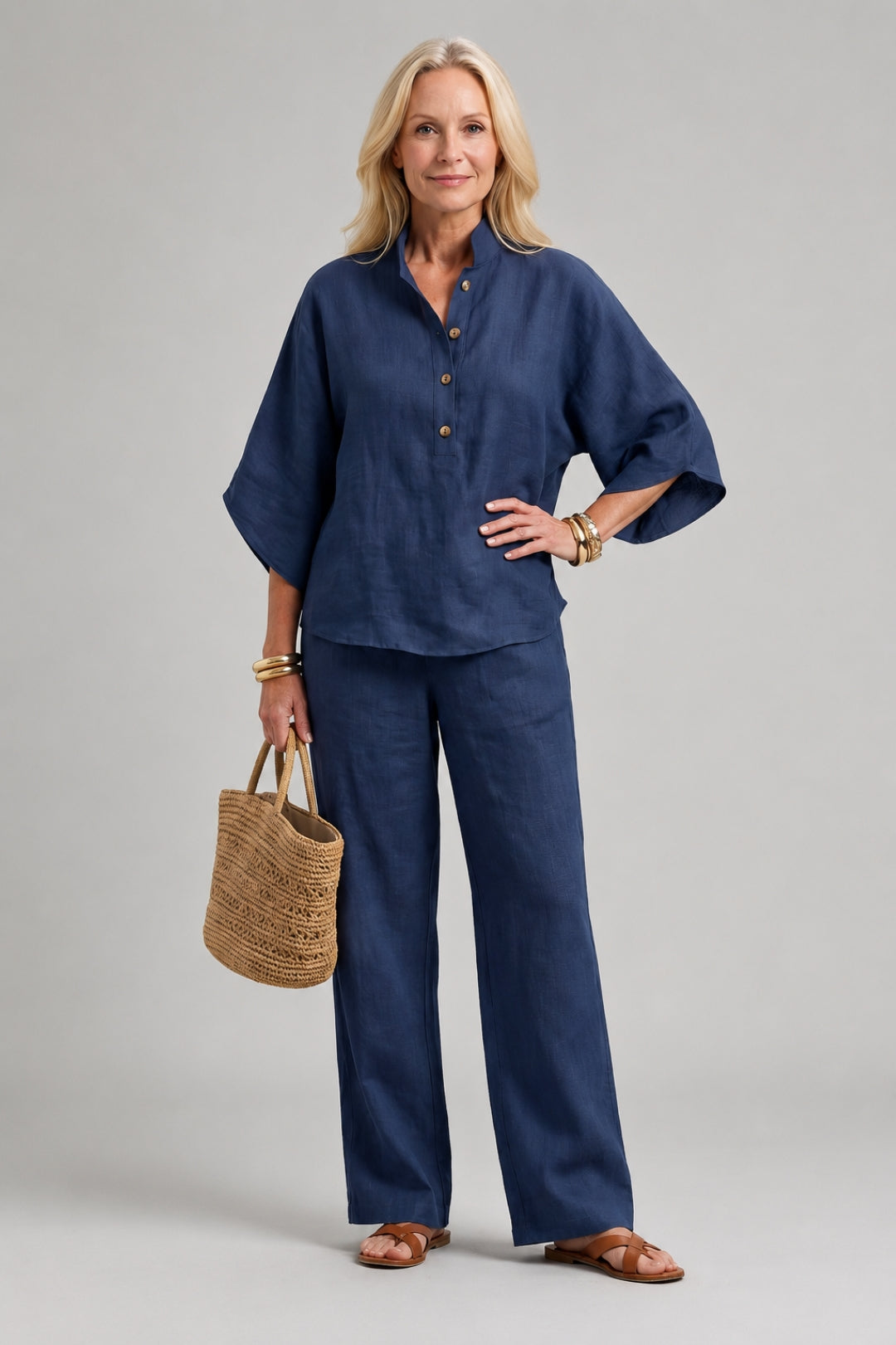 Schickes 2-teiliges Leinen-Set für Damen mit Kimono-Oberteil und klassischer, gerader Hose