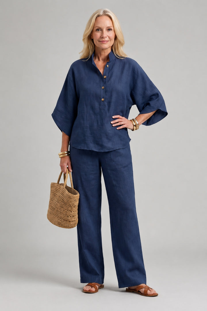 Schickes 2-teiliges Leinen-Set für Damen mit Kimono-Oberteil und klassischer, gerader Hose