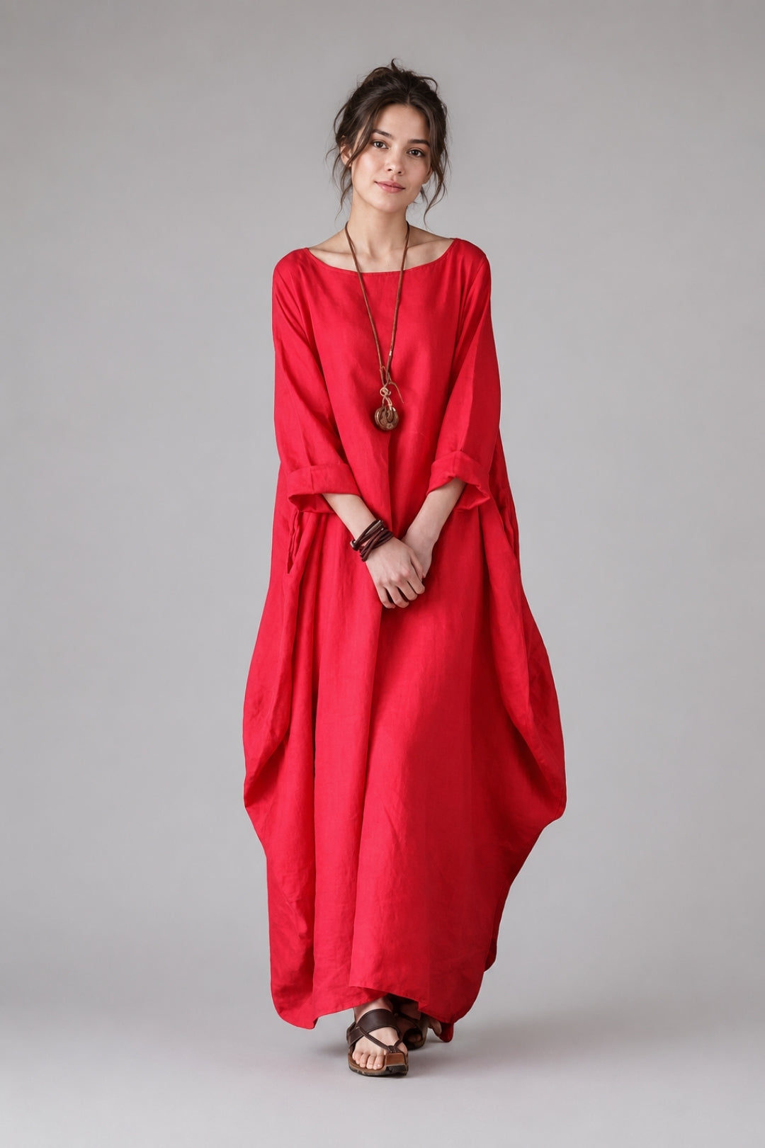 Boho-Maxikleid für Damen aus Leinen mit Fledermausärmeln und Oversize-Schnitt