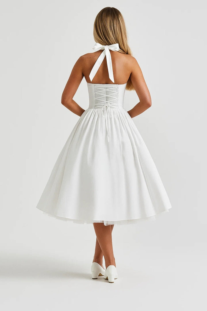Sommer Abendkleid Damen Kurz | Weiß | Betonte Taille | Festlich Elegant