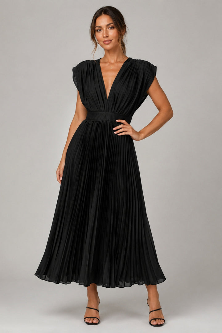 Elegantes, ausgestellt geschnittenes Damenkleid | Plissiert | V-Ausschnitt | Betonte Taille | Fließender Midi-Rock | Hochzeitsgäste