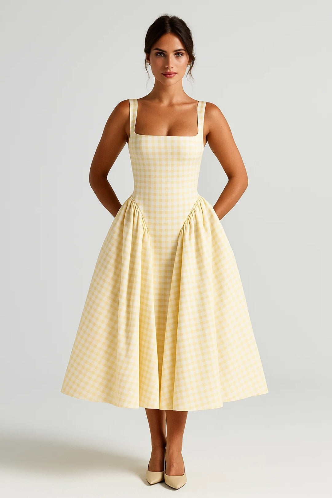 Damen-Midikleid | Karomuster &amp; betonte Taille | Hellrosa