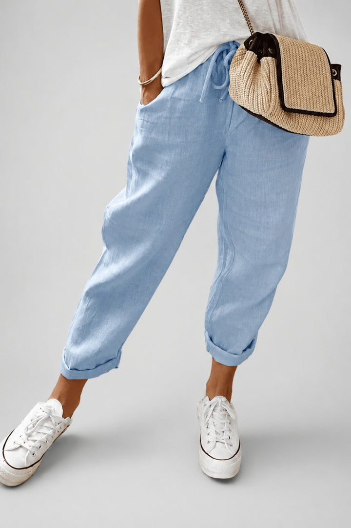 Damenhose mit schmal zulaufendem Schnitt | Kordelzug, elastische Bündchen, lässiger Leinen-Look