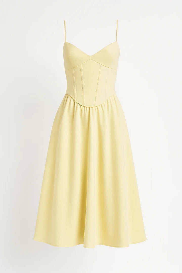 Sommer Midi-Kleid Damen | Pastellgelb | Betonte Taille | Elegant &amp; Feminin