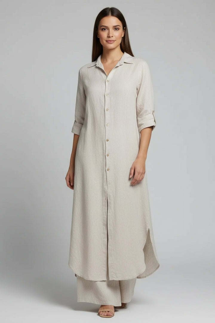 Damen-Set im fließenden Schnitt | Langes Hemdkleid, passende Hose, schicker Leinen-Look