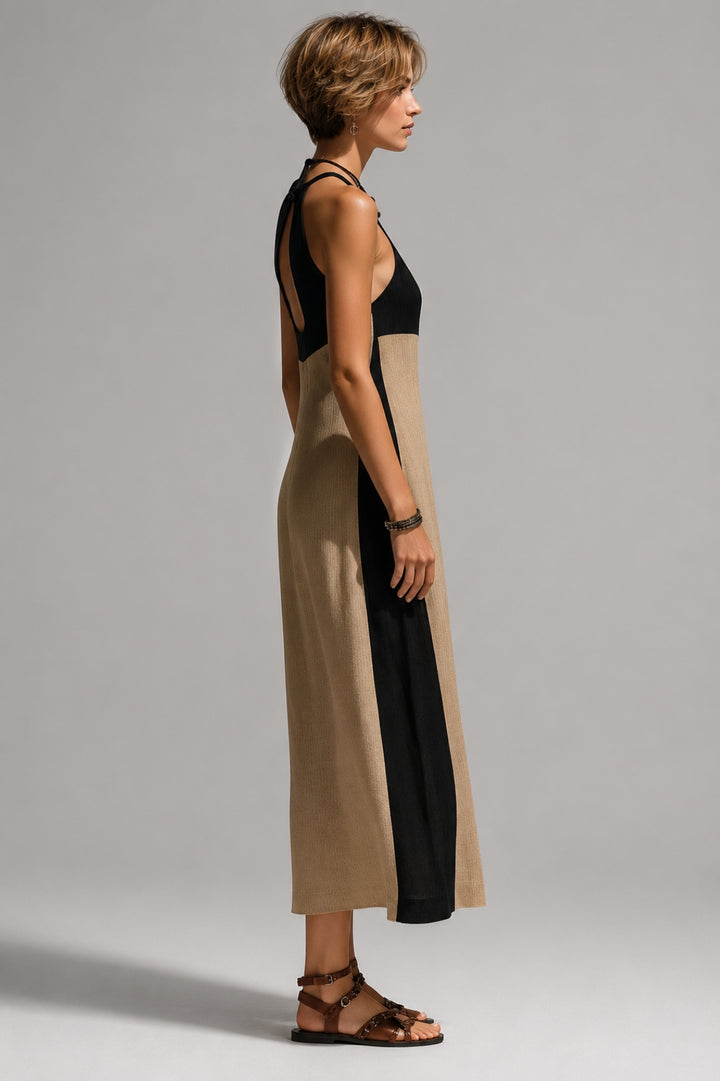 Figurbetontes Maxikleid für Damen | Neckholder-Ausschnitt, mittiger Ausschnitt, Kontraste im Leinen-Look