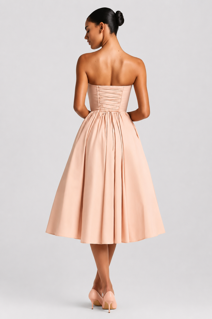 Midi-Kleid für Damen mit ausgestelltem Schnitt | Bustier mit Schleife, trägerlos, schicker Stil für festliche Anlässe