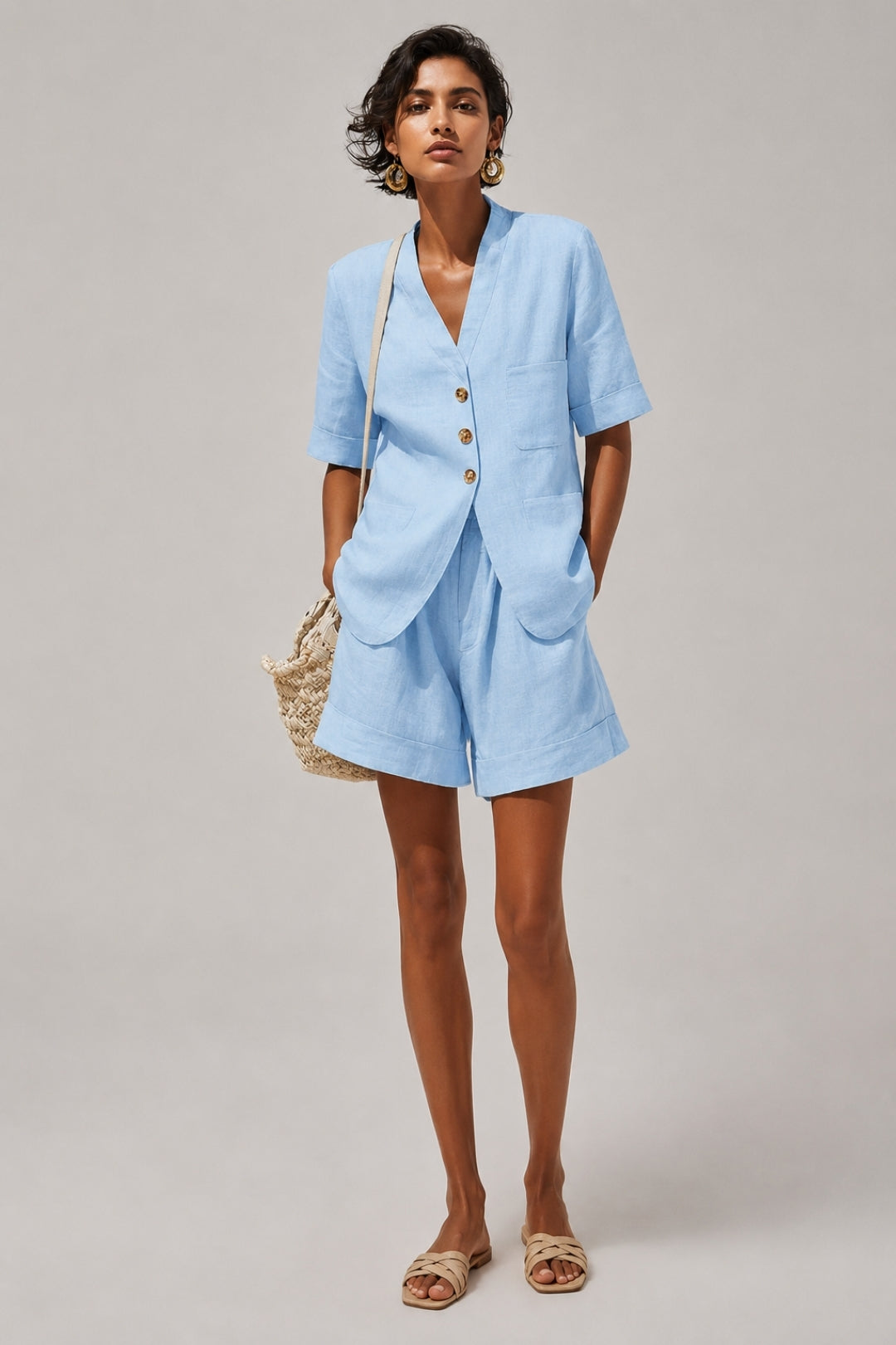 Leinen Set Damen Sommer – Blazer Jacke mit Knopfleiste &amp; High-Waist Shorts