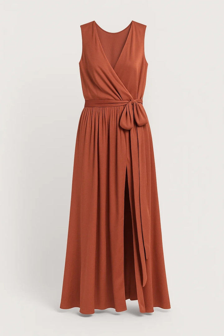 Damen-Maxikleid | Wickelstil &amp; V-Ausschnitt | Terrakotta