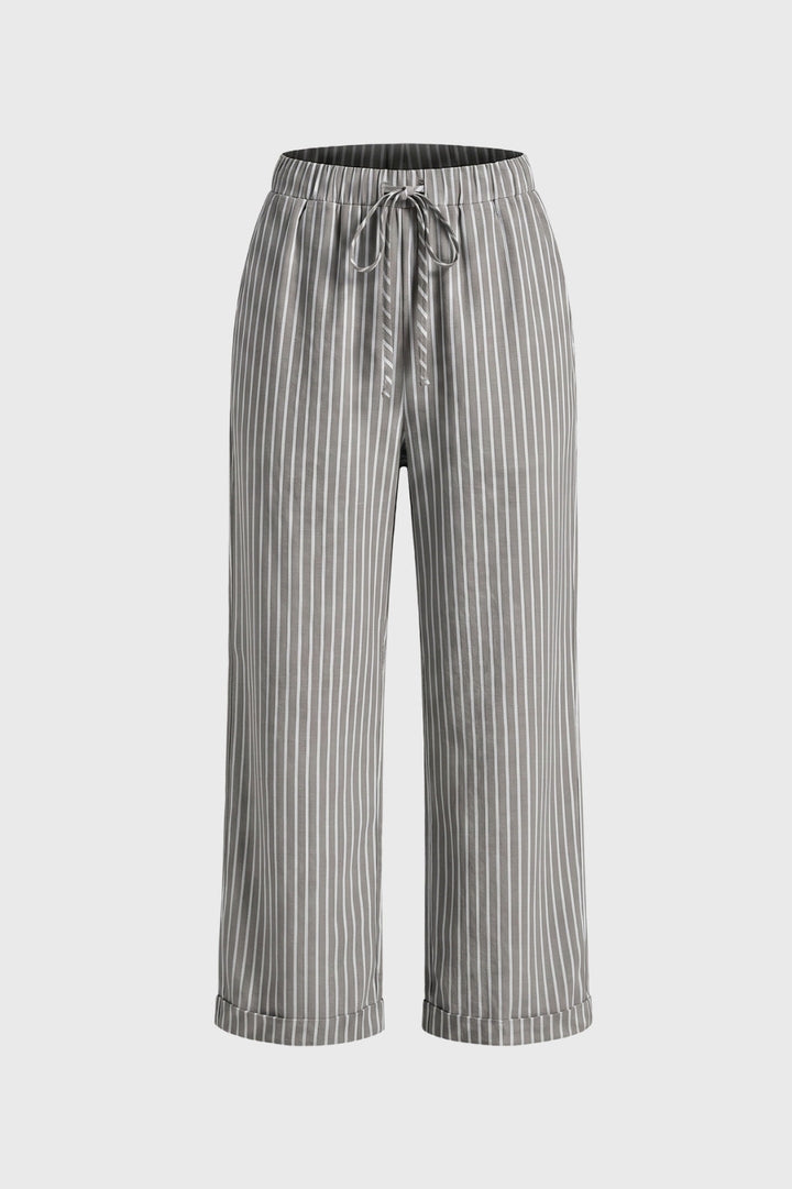 Damenhose | Gestreift &amp; hoher Bund | Beige-Weiß