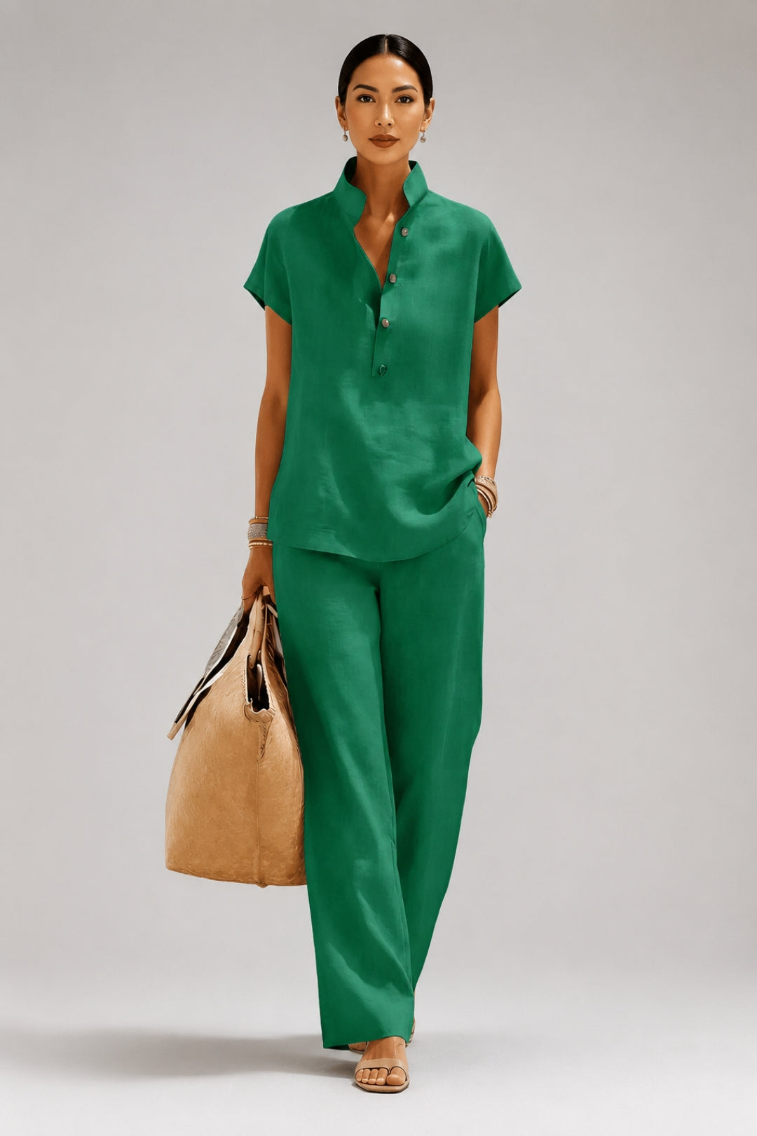 Damen-Set in fließendem Schnitt | Oberteil mit Mao-Kragen, passende Hose, schicker Leinen-Look