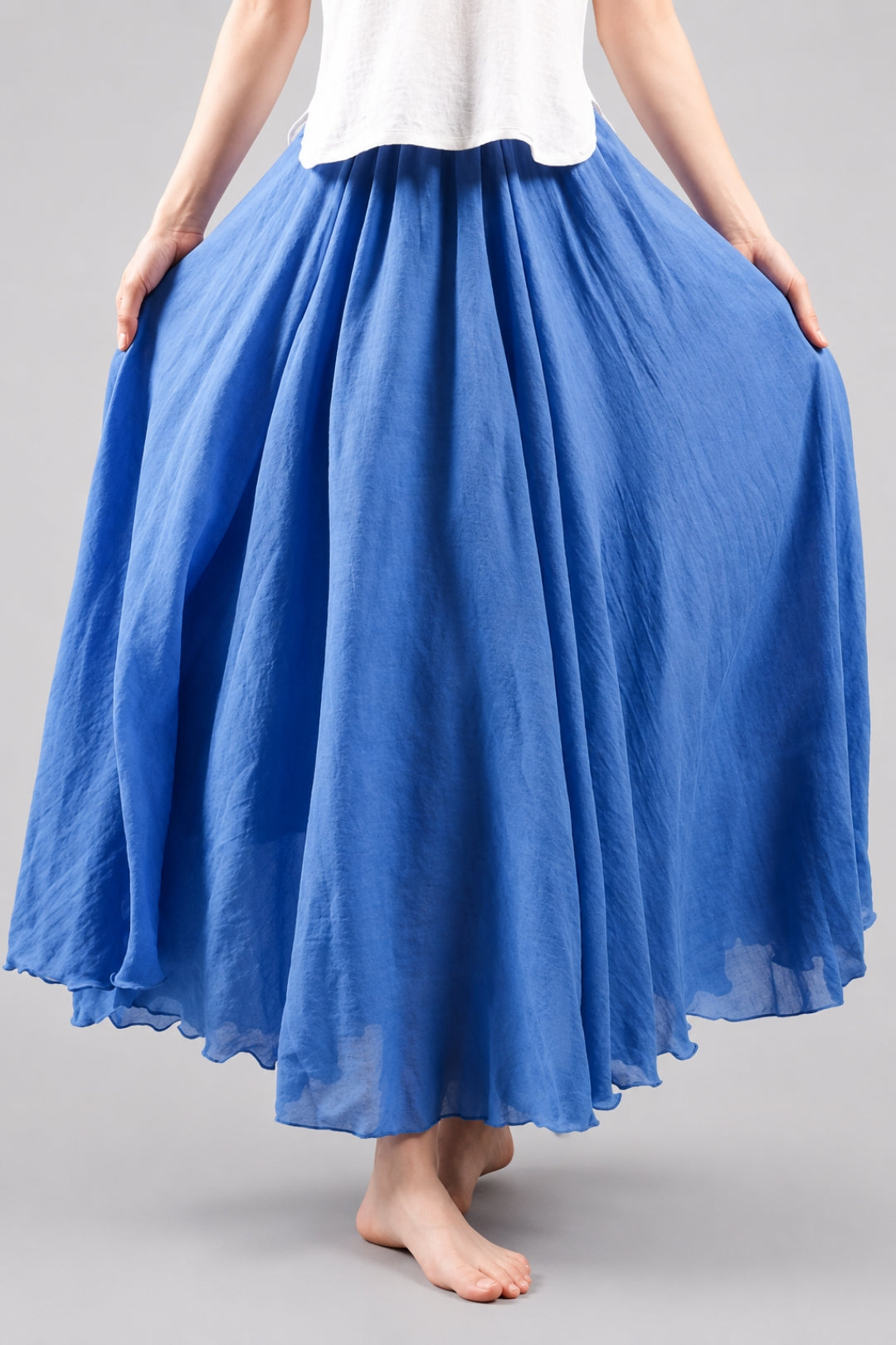 Langer Leinenrock für Damen im Boho-Stil mit Volants und fließendem Schnitt sowie elastischem Bund