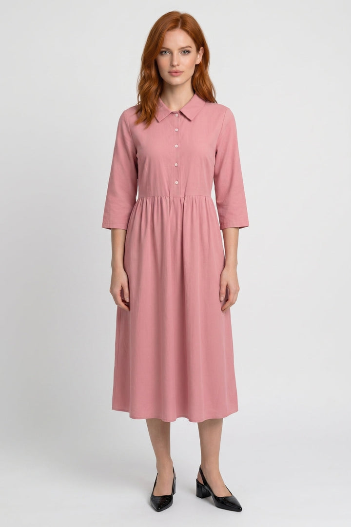 Damen-Midikleid | Hemdkragen &amp; geraffte Taille | Puderrosa