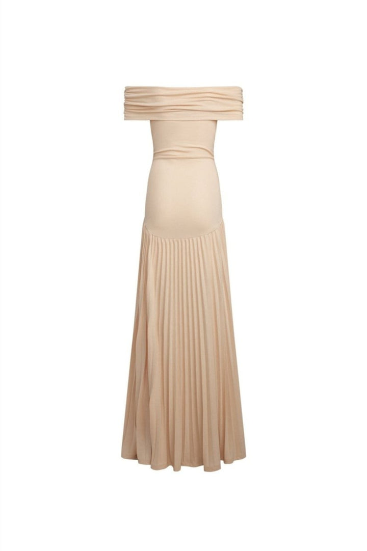 Elegantes, figurbetontes Damenkleid | Freie Schultern | Langer Faltenrock | Hochzeitsgäste