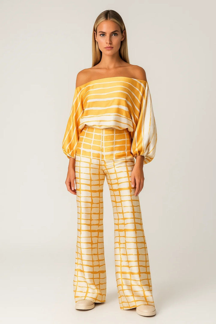 Luftiges Damen-Set | Top mit freien Schultern | Ausgestellte Hose | Sommerlook