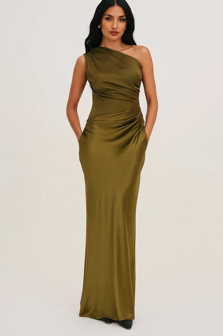 Abendkleid Damen Lang | Drapierter One-Shoulder-Look | Figurbetonte Passform | Schokoladenbraun