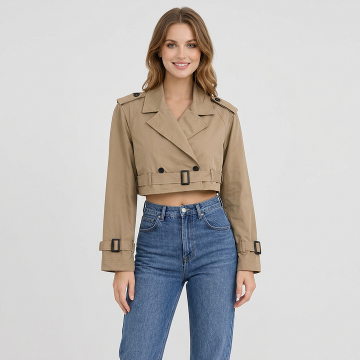 Meinhilde | Damen Trenchcoat mit Gürtel und kurzem Schnitt Cropped Trenchcoat