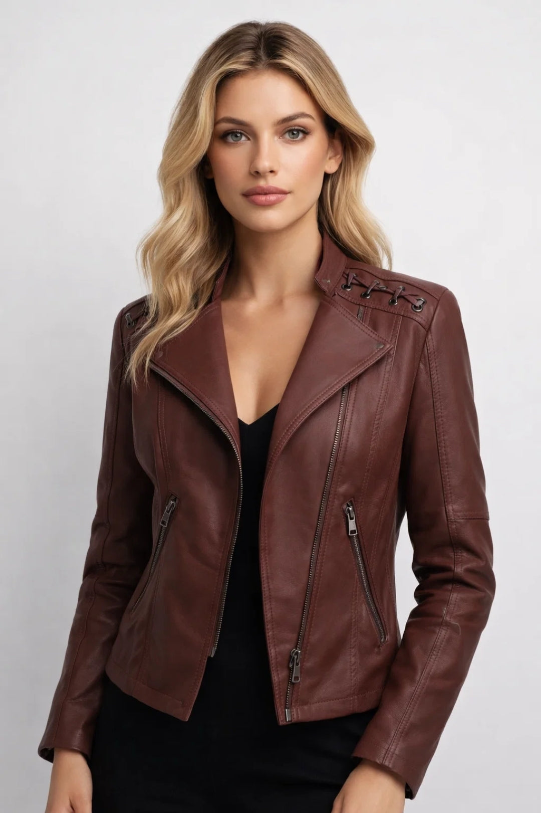 Damen Bikerjacke Bordeauxrot | Figurbetonte Passform | Reißverschluss | Lässig-Schick
