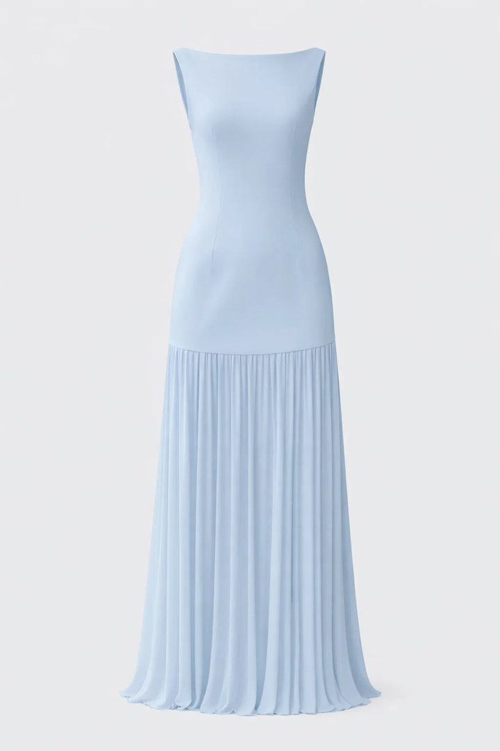 Langes Damen Abendkleid | Tailliertes Oberteil | Fließender Faltenrock | Festlich Elegant