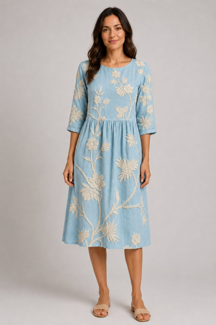 Boho-Midi-Kleid für Damen aus Leinen mit Blumenstickereien und eleganter geraffter Taille