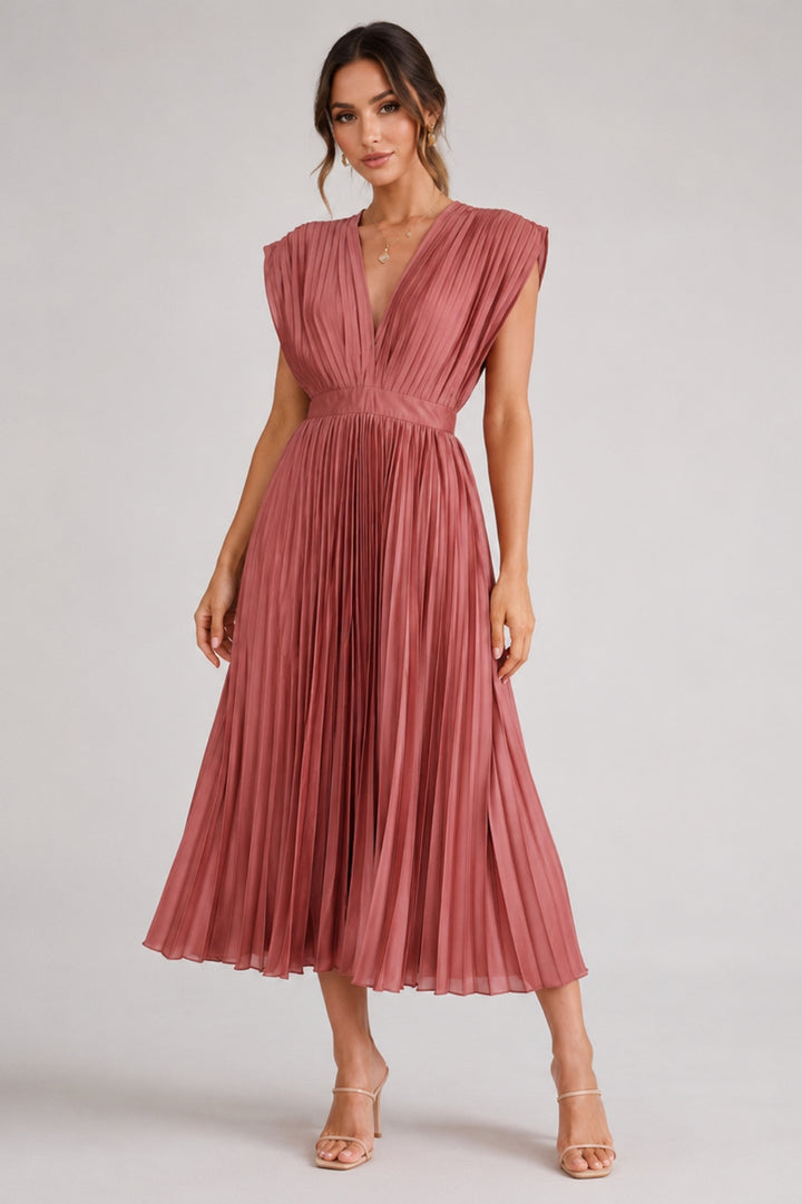 Elegantes, ausgestellt geschnittenes Damenkleid | Plissiert | V-Ausschnitt | Betonte Taille | Fließender Midi-Rock | Hochzeitsgäste