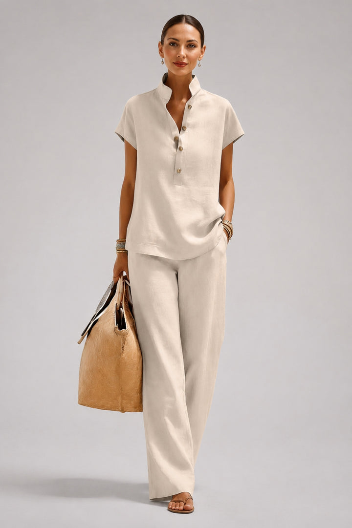 Damen-Set in fließendem Schnitt | Oberteil mit Mao-Kragen, passende Hose, schicker Leinen-Look