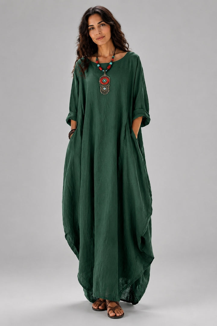 Boho-Maxikleid für Damen aus Leinen mit Fledermausärmeln und Oversize-Schnitt