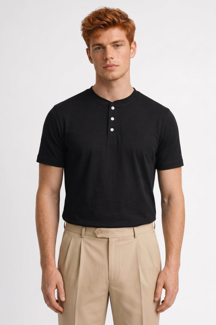 Herren-T-Shirt | Knopfleiste &amp; kurze Ärmel | Schwarz