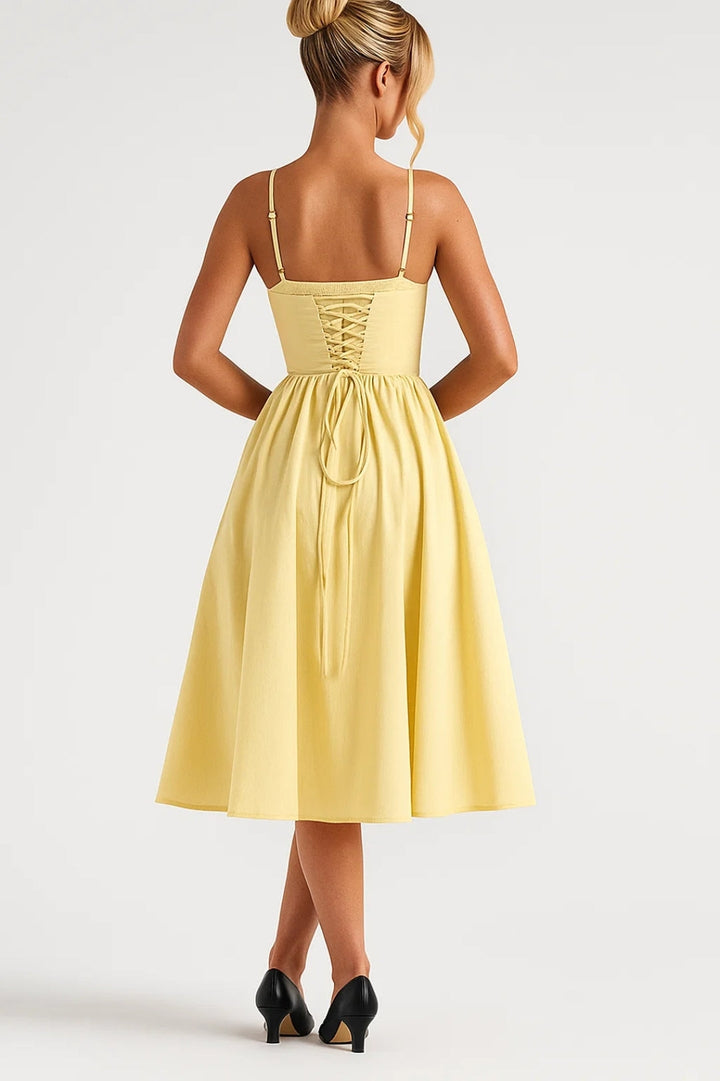 Sommer Midi-Kleid Damen | Pastellgelb | Betonte Taille | Elegant &amp; Feminin