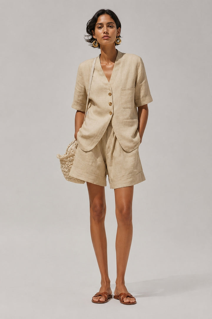 Leinen Set Damen Sommer – Blazer Jacke mit Knopfleiste &amp; High-Waist Shorts
