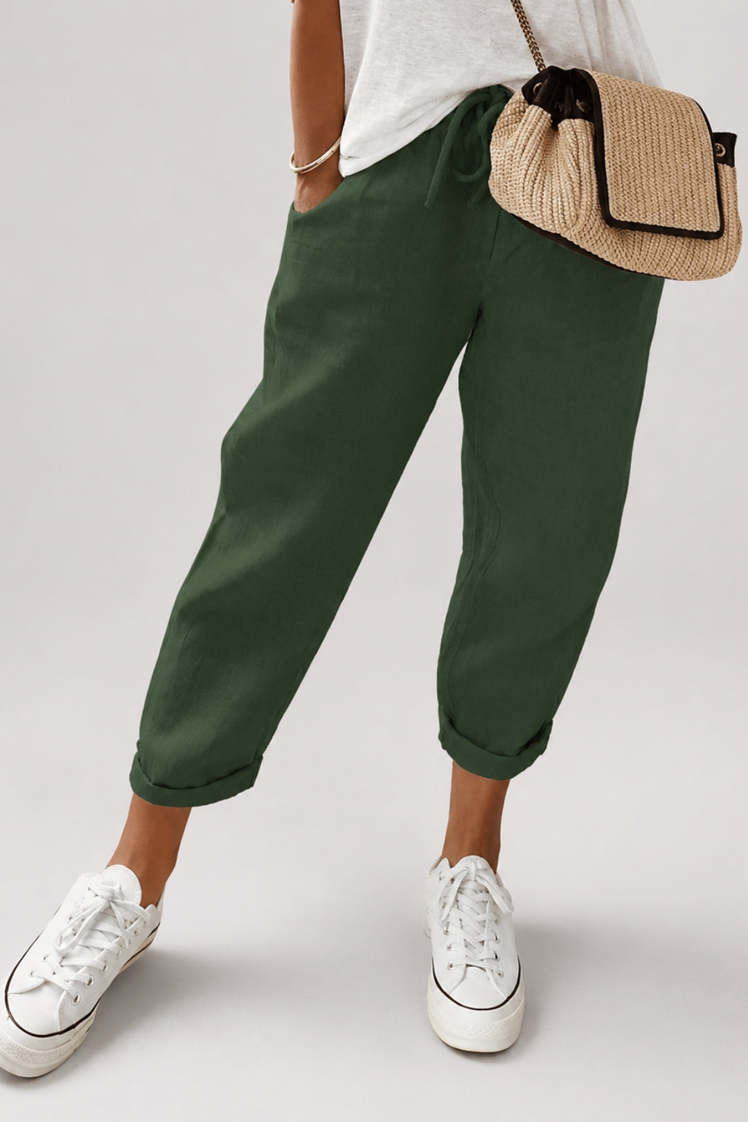 Damenhose mit schmal zulaufendem Schnitt | Kordelzug, elastische Bündchen, lässiger Leinen-Look