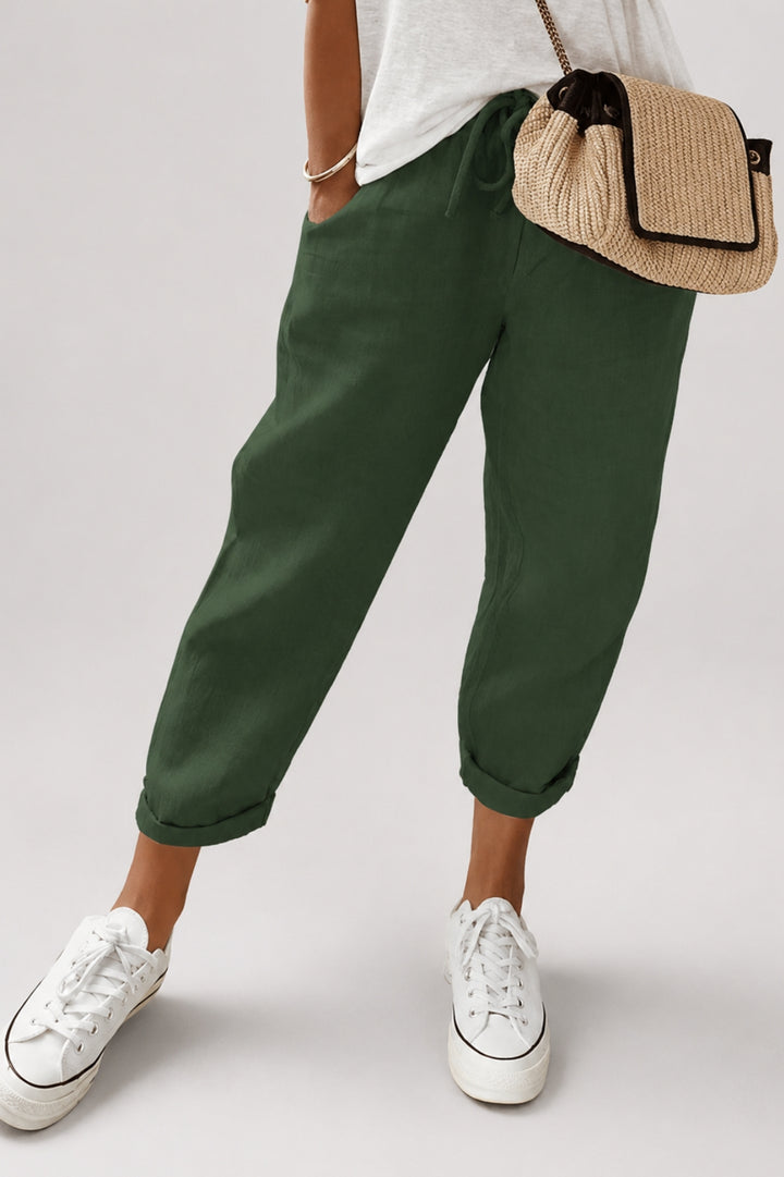 Damenhose mit schmal zulaufendem Schnitt | Kordelzug, elastische Bündchen, lässiger Leinen-Look