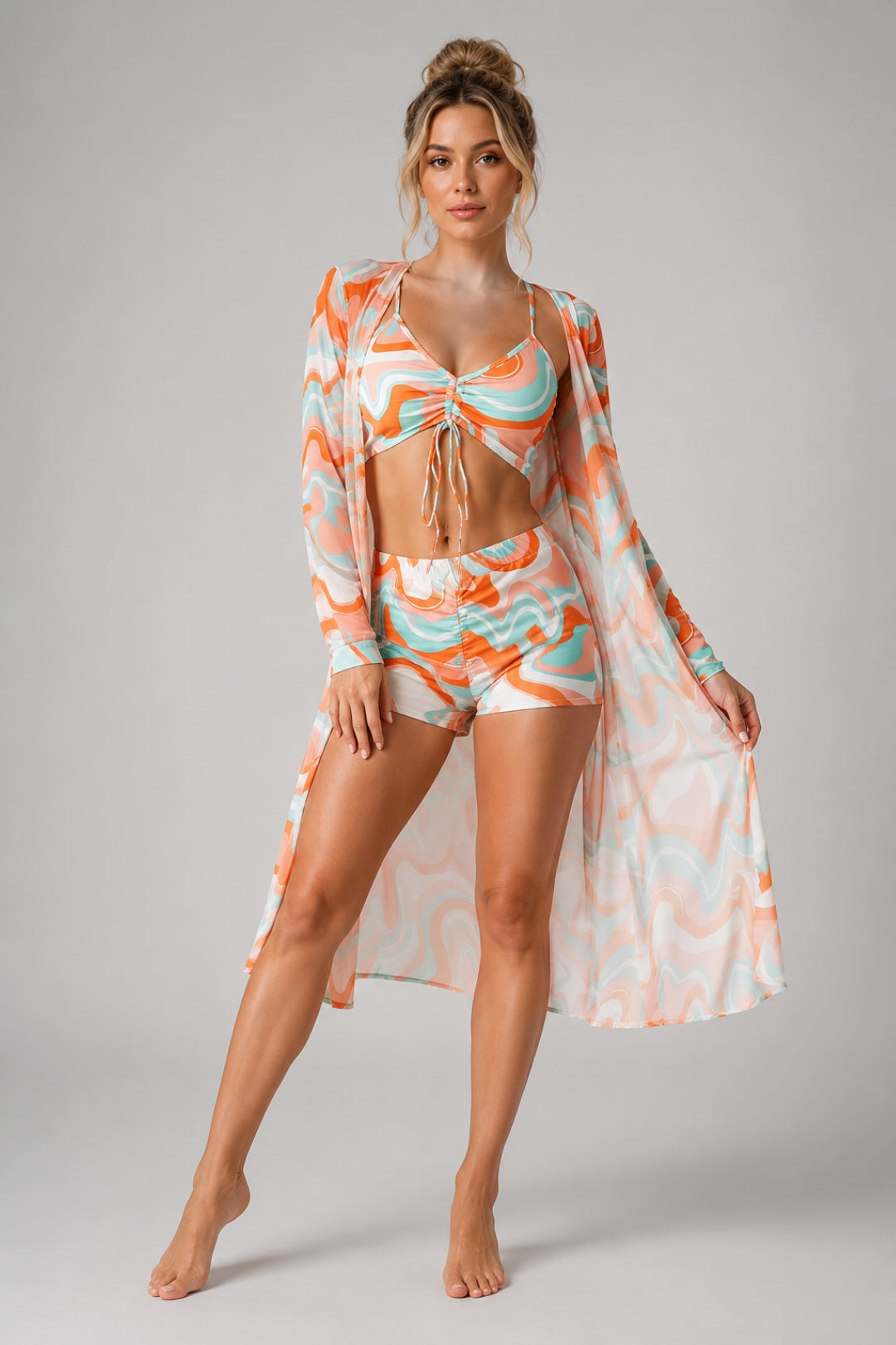 Damen-Badeanzug mit figurbetonter Passform | 3-teiliges Set im Boho-Stil mit gerafftem Oberteil