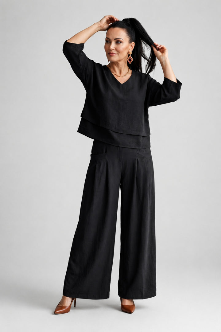 Elegantes 2-teiliges Leinen-Set für Damen: Top mit Lagenlook und V-Ausschnitt sowie weite, elegante Hose