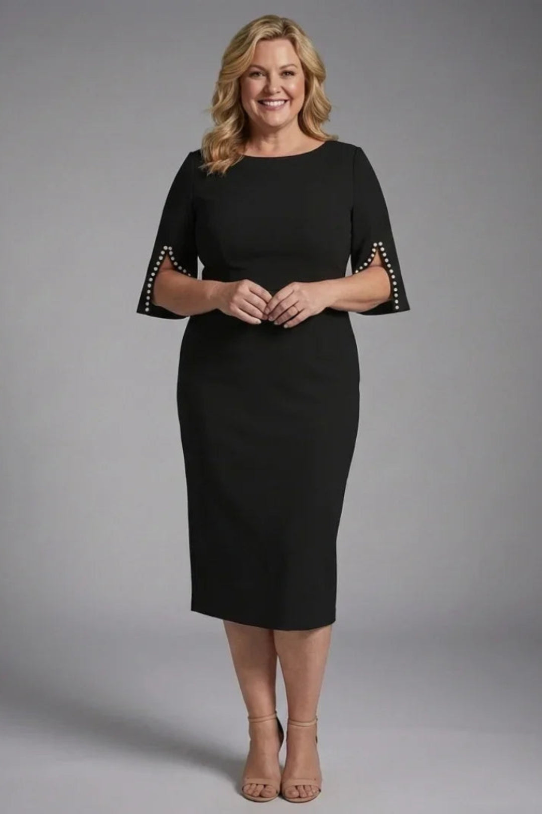 Figurbetontes Hochzeitsgastkleid für Damen | Schwarz, Midi-Länge, ausgestellte Ärmel und Perlenverzierung