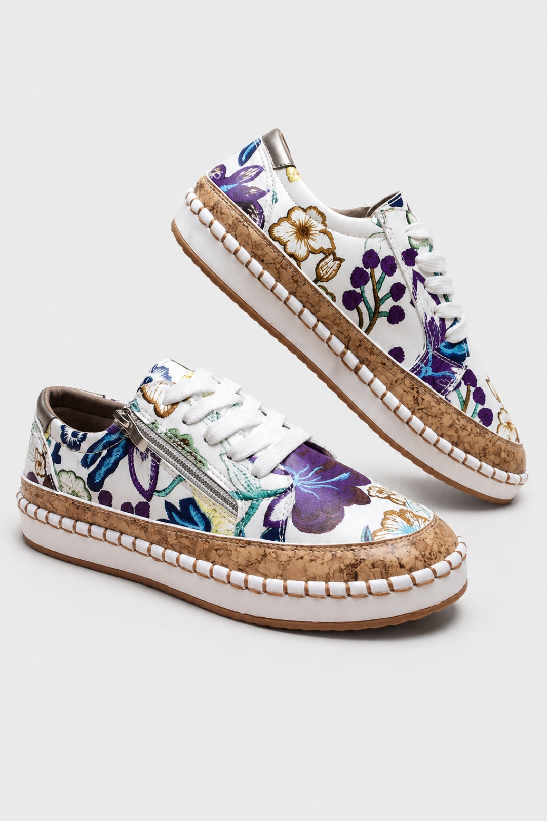 Damen-Sneaker mit bequemer Passform | Blumenprint, seitlicher Reißverschluss, Plateausohle