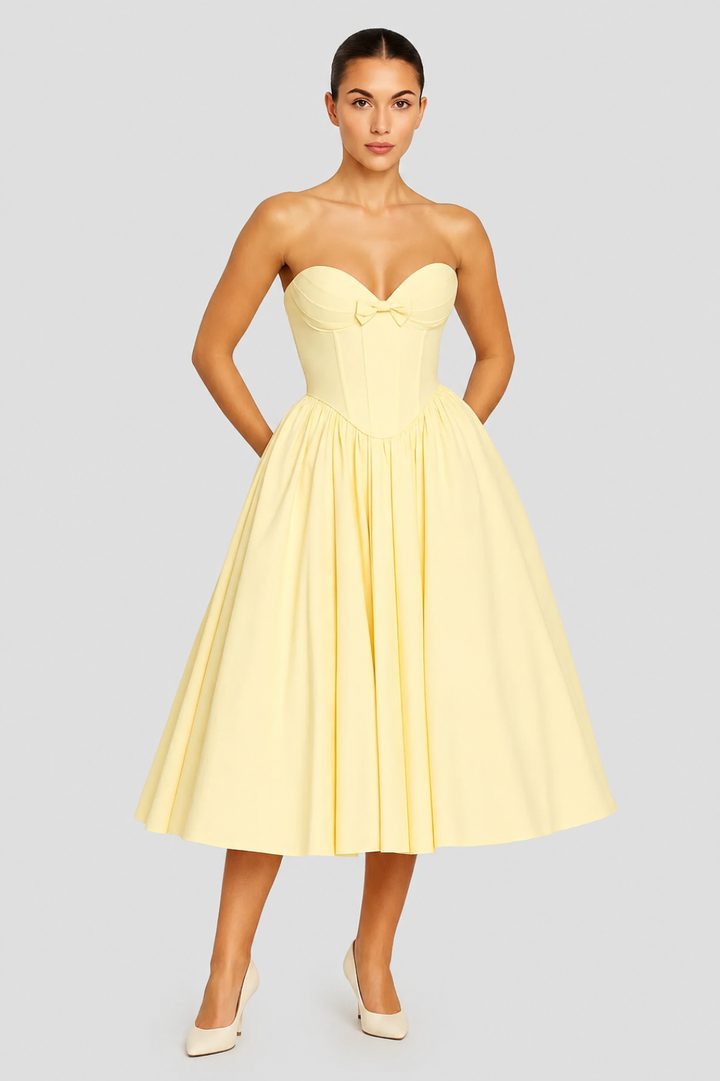 Midi-Kleid für Damen mit ausgestelltem Schnitt | Bustier mit Schleife, trägerlos, schicker Stil für festliche Anlässe