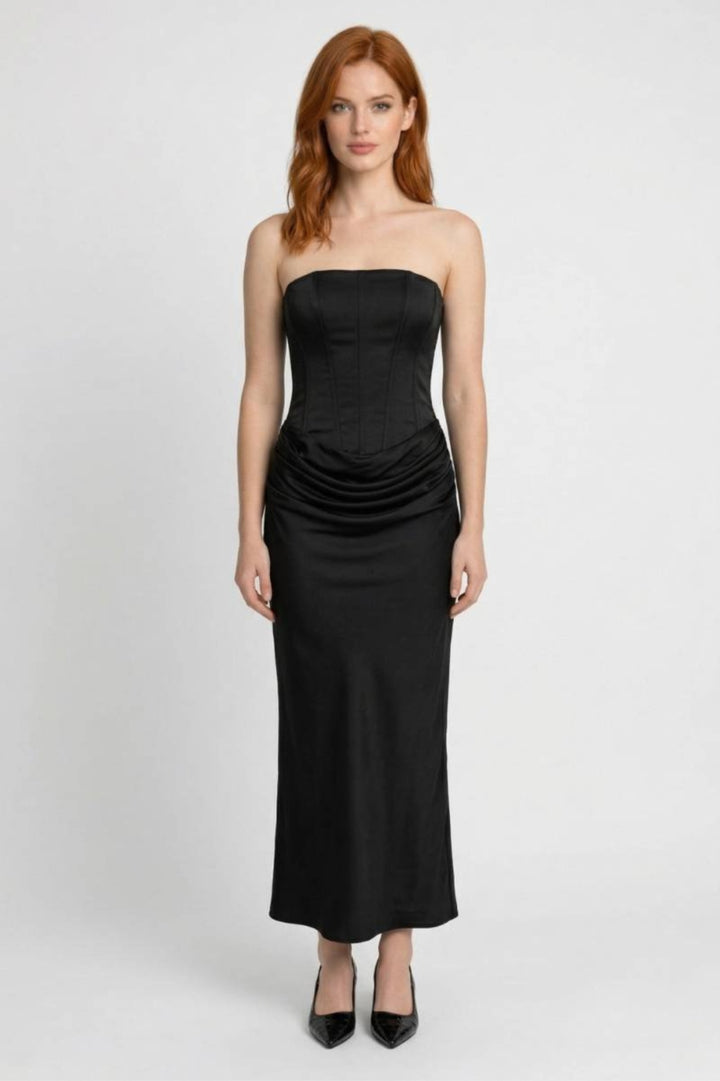 Langes Damenkleid| Drapierte Taille | Bandeau-Ausschnitt | Für Abendveranstaltungen