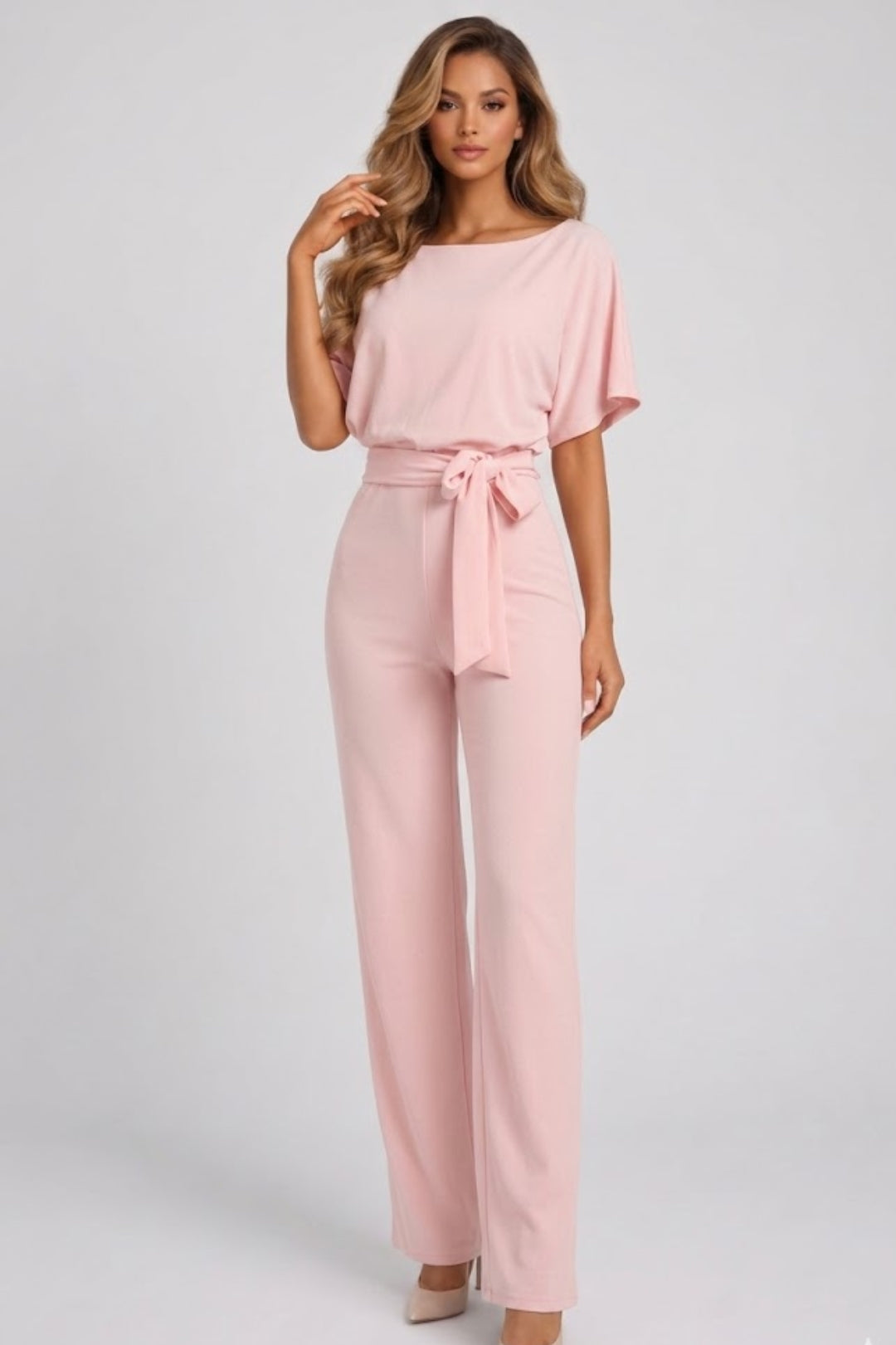 Damen-Jumpsuit | Weites Bein &amp; Bindegürtel | Sandbeige