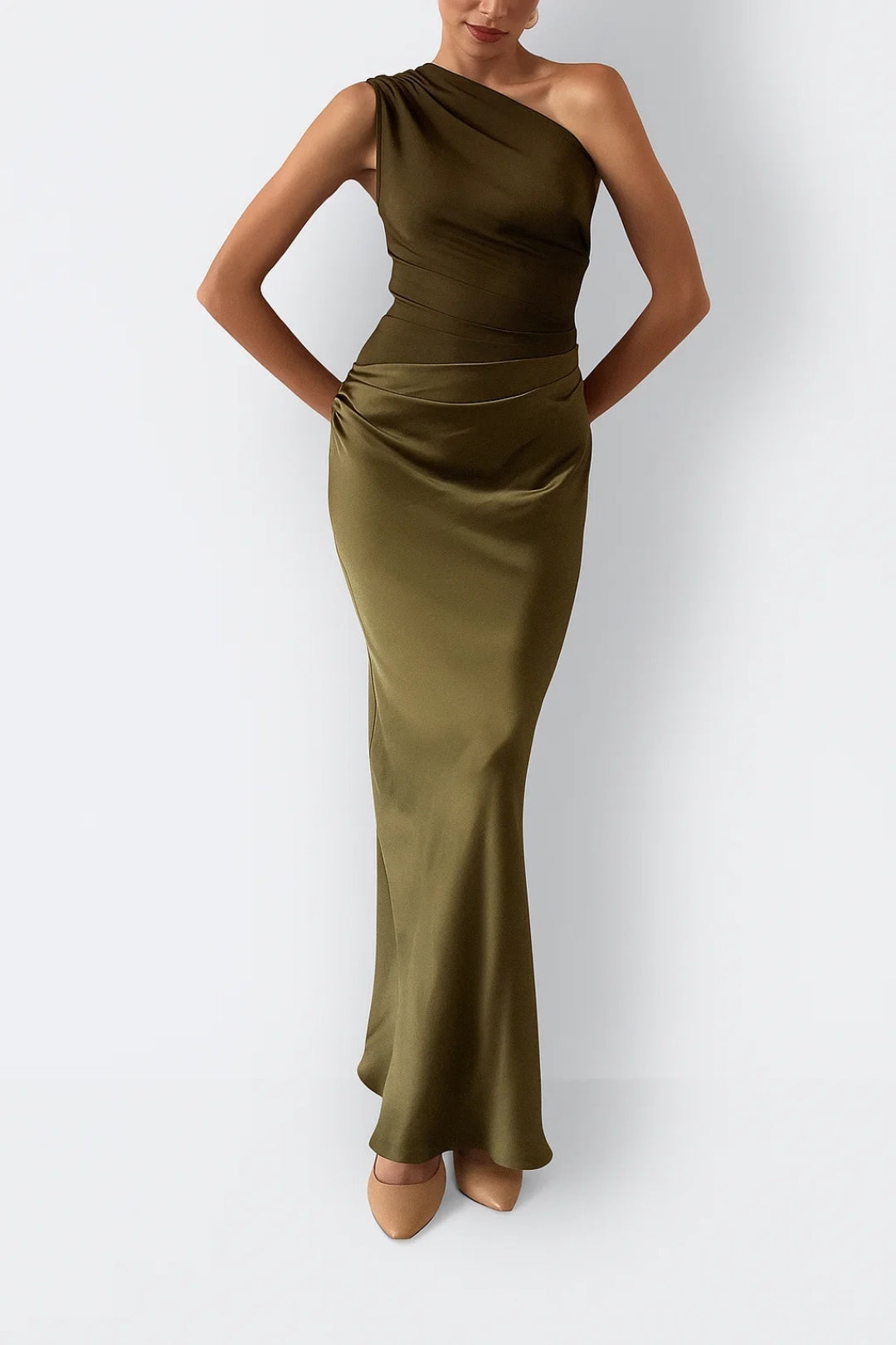 Abendkleid Damen Lang | Drapierter One-Shoulder-Look | Figurbetonte Passform | Schokoladenbraun